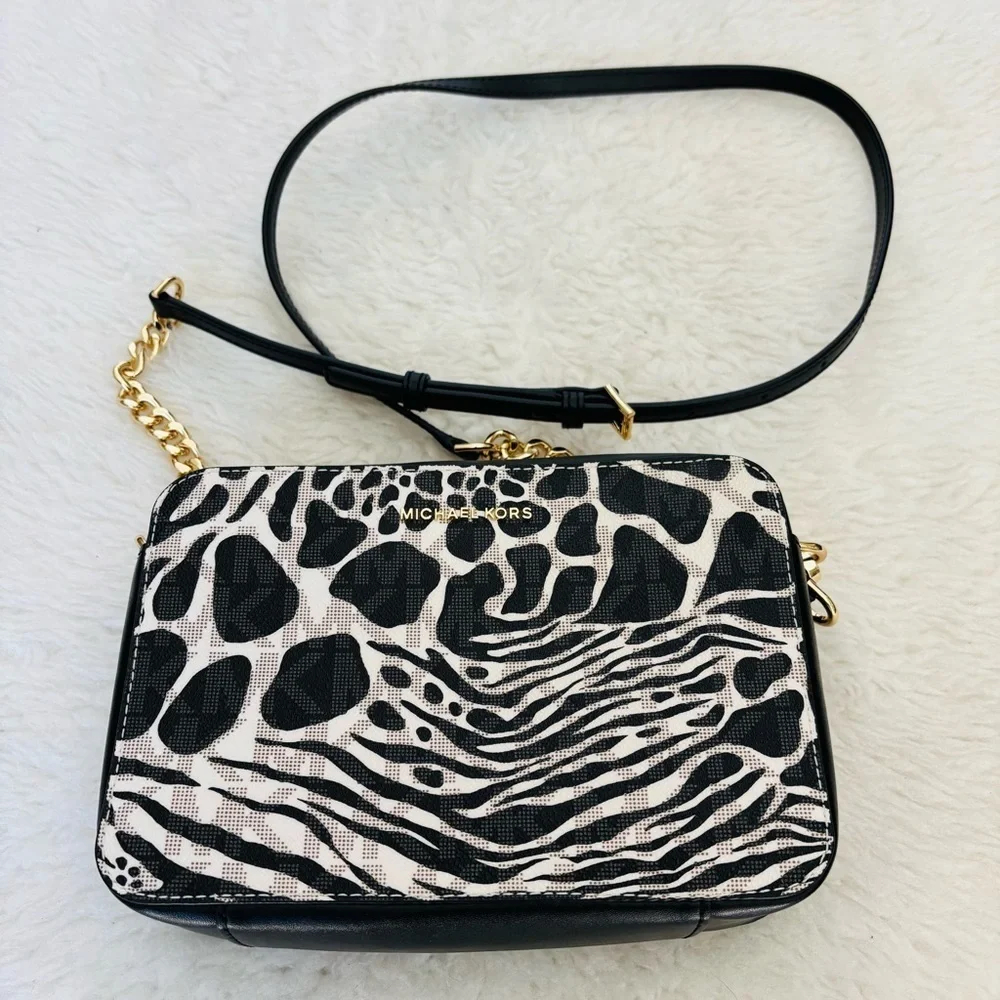 Michael Kors MK Monogram Black and White Animal Print Small Crossbody Bag
